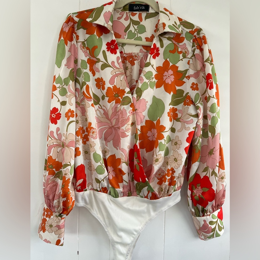 Fab’rik Fabrik Ivory Floral Print Long Sleeve Bodysuit Blouse Size Large